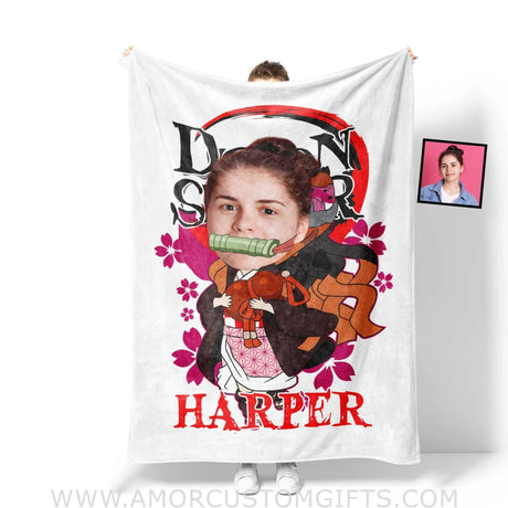 Blankets Personalized Demon Slayer Kamodo Nezuko Girl Blanket | Custom Name & Face Girl Blanket