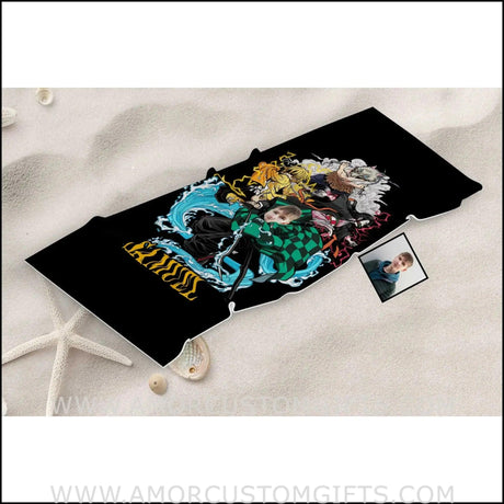 Towels Personalized Demon Slayer Kamodo Tanjiro Boy Photo Beach Towel | Customized Name & Face Boy Towel