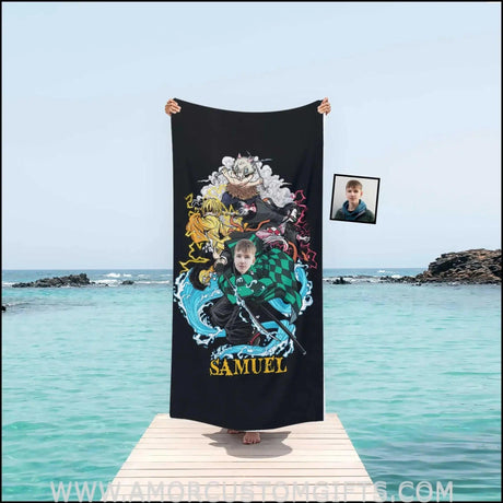 Towels Personalized Demon Slayer Kamodo Tanjiro Boy Photo Beach Towel | Customized Name & Face Boy Towel