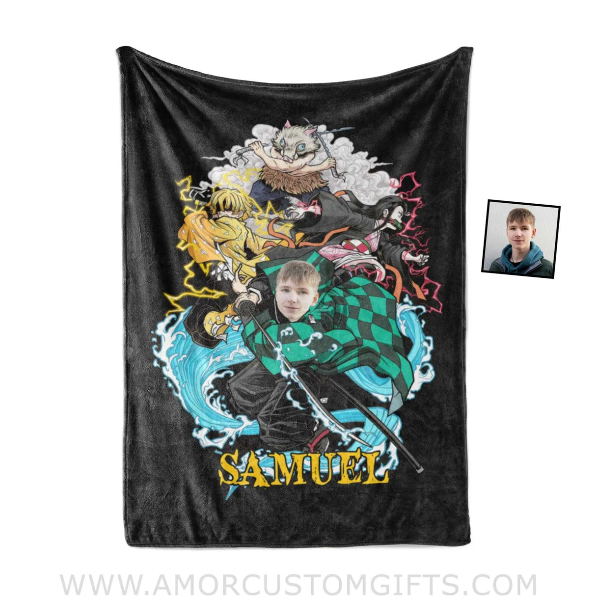 Blankets Personalized Demon Slayer Kamodo Tanjiro Boy Photo Blanket | Custom Name & Face Boy Blanket