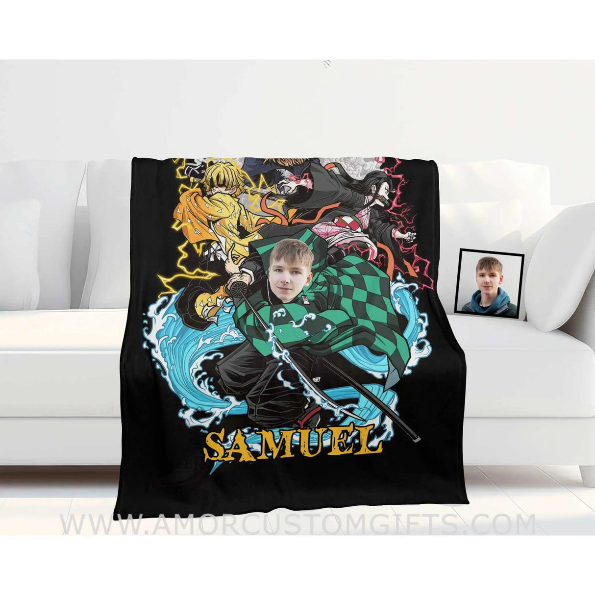 Blankets Personalized Demon Slayer Kamodo Tanjiro Boy Photo Blanket | Custom Name & Face Boy Blanket