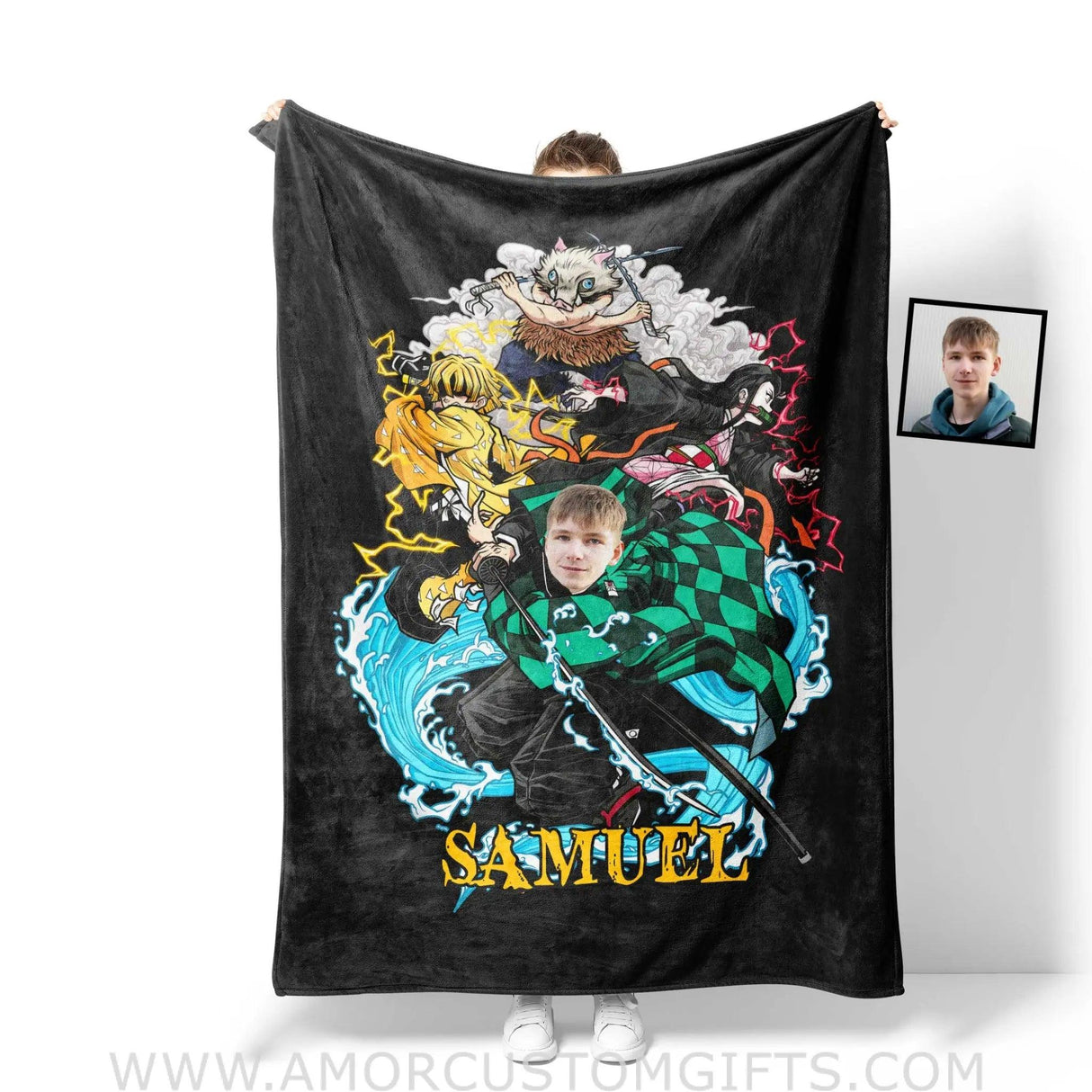 Blankets Personalized Demon Slayer Kamodo Tanjiro Boy Photo Blanket | Custom Name & Face Boy Blanket