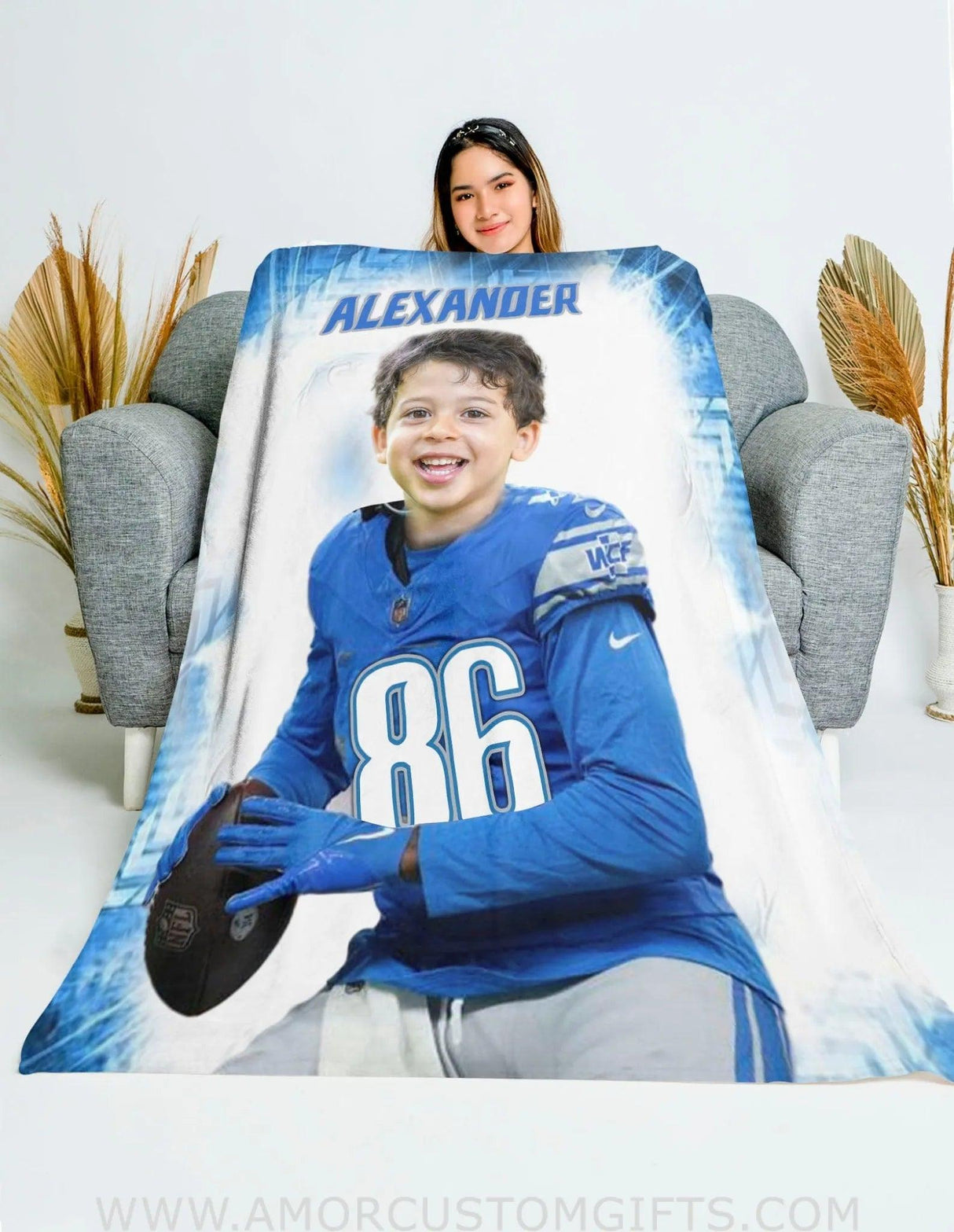 Blankets Personalized Detroit Football Boy Blanket | Custom Face & Name Football Boys Blanket