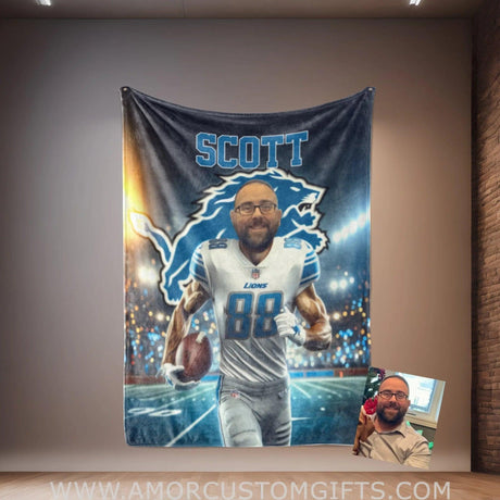 Blankets Personalized Detroit Football Boy Lions Blanket | Custom Face & Name Football Boys Blanket