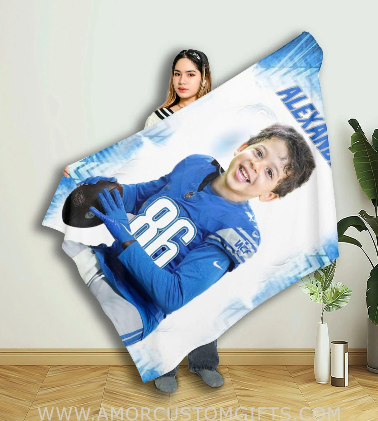 Blankets Personalized Detroit Football Boy Blanket | Custom Face & Name Football Boys Blanket