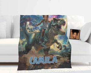 Blankets Personalized Dino Trex Girl Galaxy Blanket | Custom Name & Face Girl Blanket