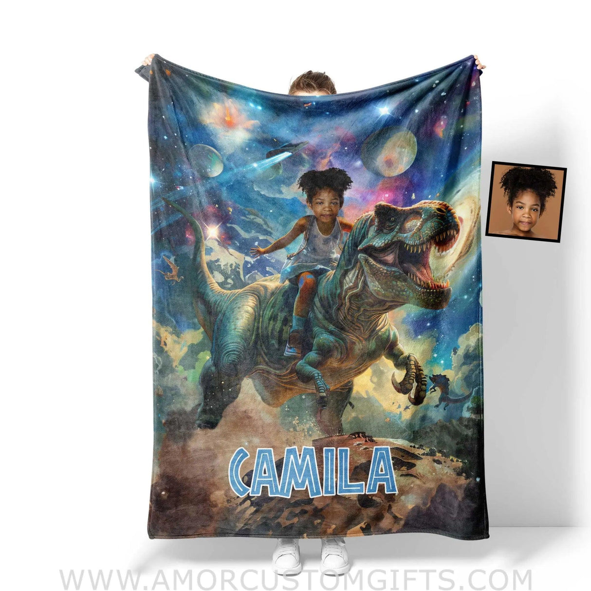 Blankets Personalized Dino Trex Girl Galaxy Blanket | Custom Name & Face Girl Blanket