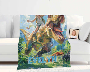 Blankets Personalized Dino Trex Girl In The Forest Blanket | Custom Name & Face Girl Blanket