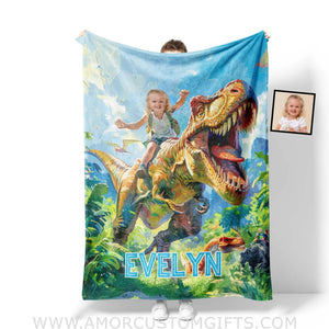 Blankets Personalized Dino Trex Girl In The Forest Blanket | Custom Name & Face Girl Blanket