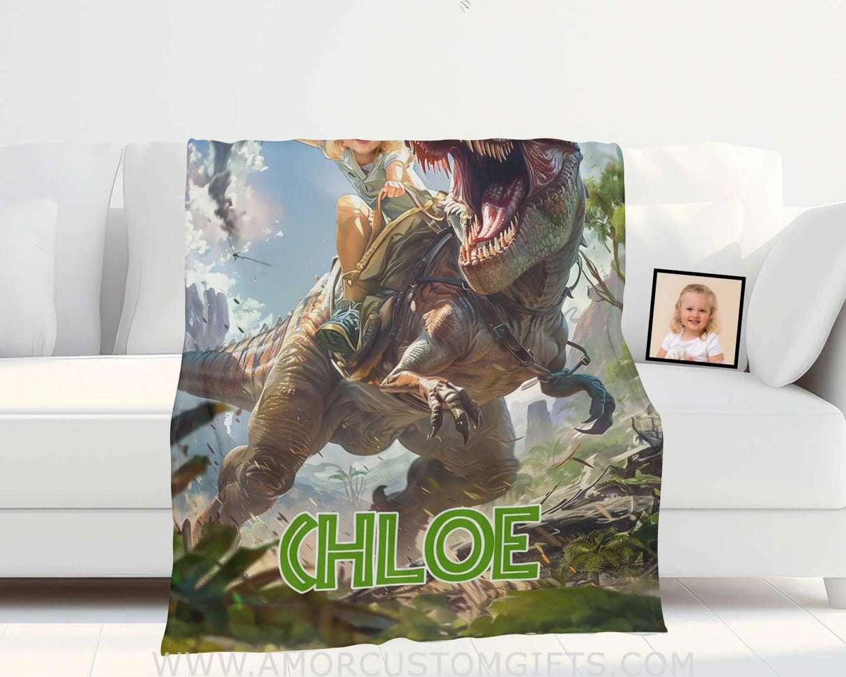 Blankets Personalized Dino Trex Girl In Wild Forest Blanket | Custom Name & Face Girl Blanket