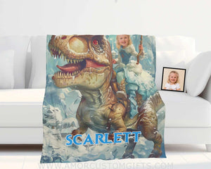 Blankets Personalized Dino Trex Girl Princcess Blanket | Custom Name & Face Girl Blanket