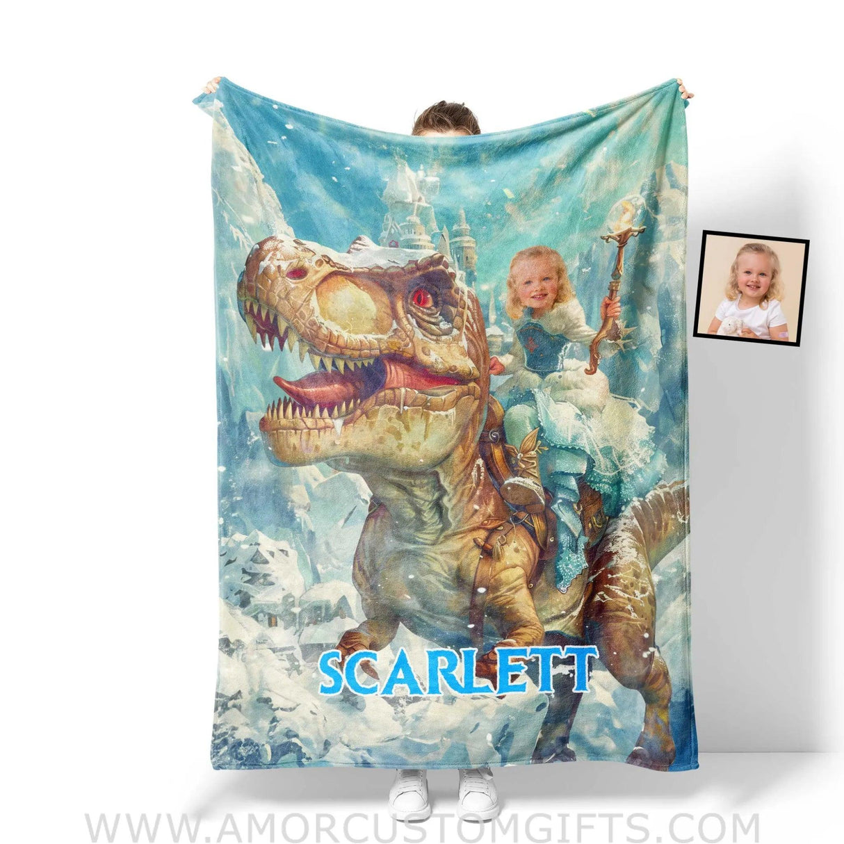 Blankets Personalized Dino Trex Girl Princcess Blanket | Custom Name & Face Girl Blanket