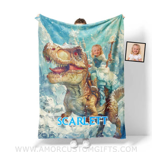 Blankets Personalized Dino Trex Girl Princcess Blanket | Custom Name & Face Girl Blanket