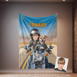 Blankets Personalized Dog & Owner On Harlee Motobike 1 Blanket | Custom Face & Name Blanket For Boys