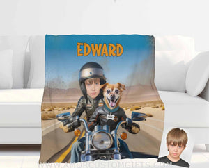 Blankets Personalized Dog & Owner On Harlee Motobike 1 Blanket | Custom Face & Name Blanket For Boys