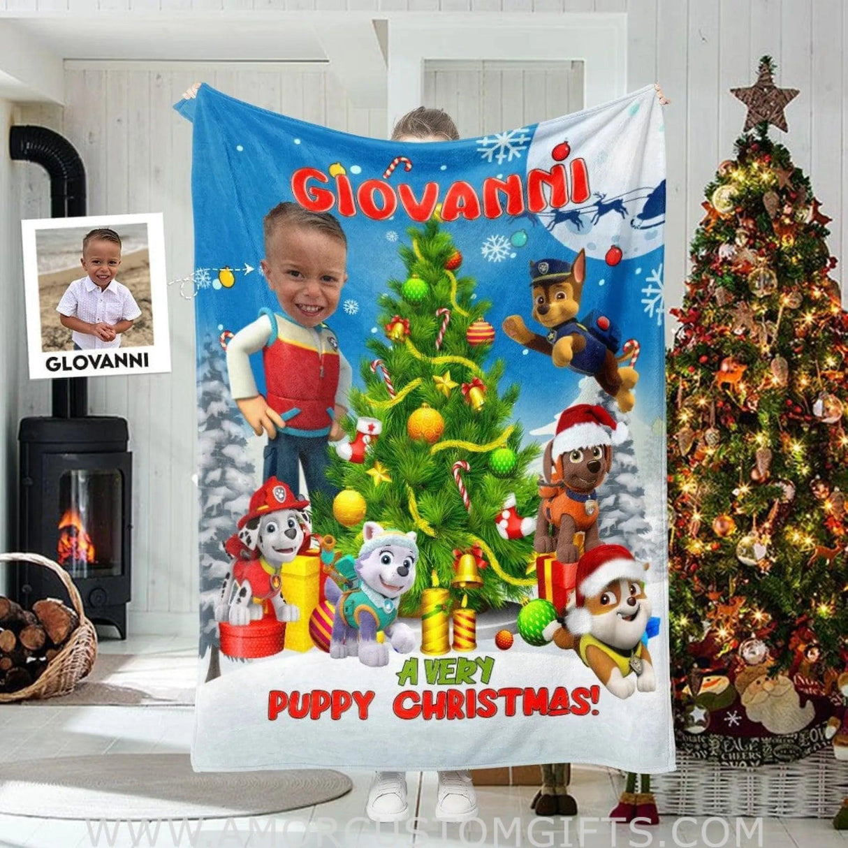 Blankets Personalized Dog Patrol Boy Christmas Blanket | Custom Face & Name Boy Paw Adventure Blanket