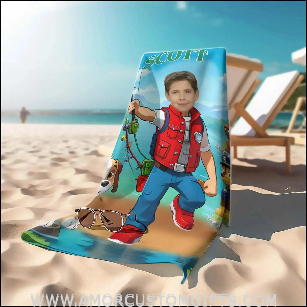 Towels Personalized Dog Patrol Boy Fishing Photo Beach Towel | Customized Name & Face Boy Towel