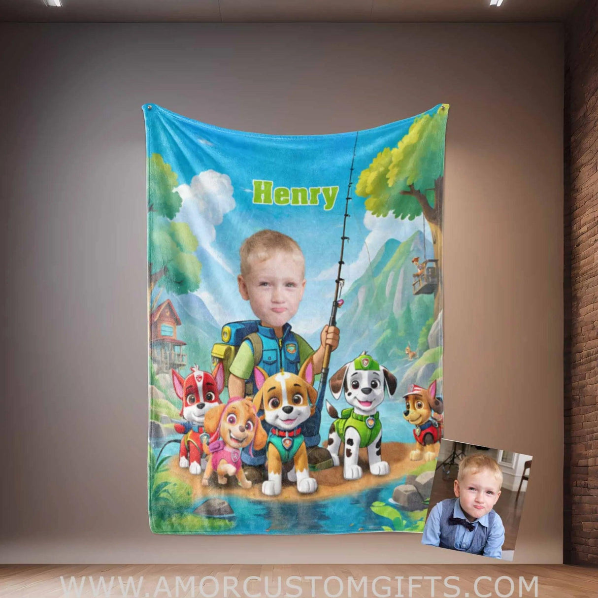 Blankets Personalized Dog Patrol Boy Photo Blanket | Custom Face & Name Paw Adventure Boy Goes Fishing Blanket