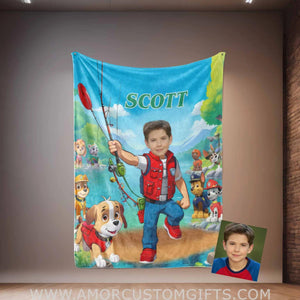 Blankets Personalized Dog Patrol Boy Photo Blanket | Custom Face & Name Paw Adventure Boy Goes Fishing Blanket