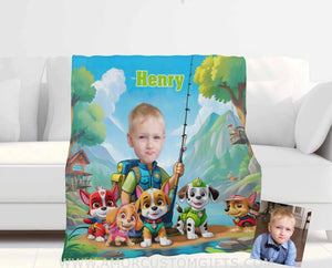 Blankets Personalized Dog Patrol Boy Photo Blanket | Custom Face & Name Paw Adventure Boy Goes Fishing Blanket