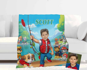 Blankets Personalized Dog Patrol Boy Photo Blanket | Custom Face & Name Paw Adventure Boy Goes Fishing Blanket