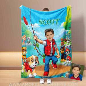 Blankets Personalized Dog Patrol Boy Photo Blanket | Custom Face & Name Paw Adventure Boy Goes Fishing Blanket