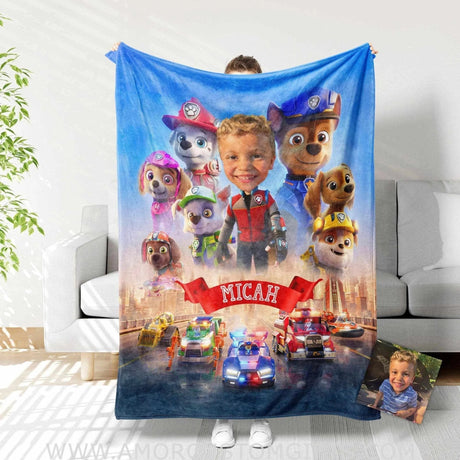 Blankets Personalized Dog Patrol Boy Photo Blanket | Custom Face & Name Paw Patrol Blanket For Boys