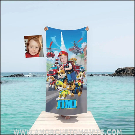 Towels Personalized Dog Patrol Puppies Adventure Photo Beach Towel | Customized Name & Face Boy Towel