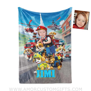 Blankets Personalized Dog Patrol Puppies Adventure Photo Blanket | Custom Name & Face Boy Blanket