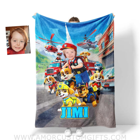 Blankets Personalized Dog Patrol Puppies Adventure Photo Blanket | Custom Name & Face Boy Blanket