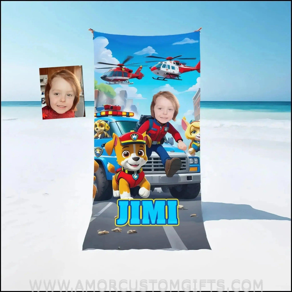 Towels Personalized Dog Patrol Puppies Adventure Police Car Photo Beach Towel | Customized Name & Face Boy Towel