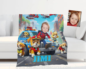 Blankets Personalized Dog Patrol Puppies Adventure Police Car Photo Blanket | Custom Name & Face Boy Blanket