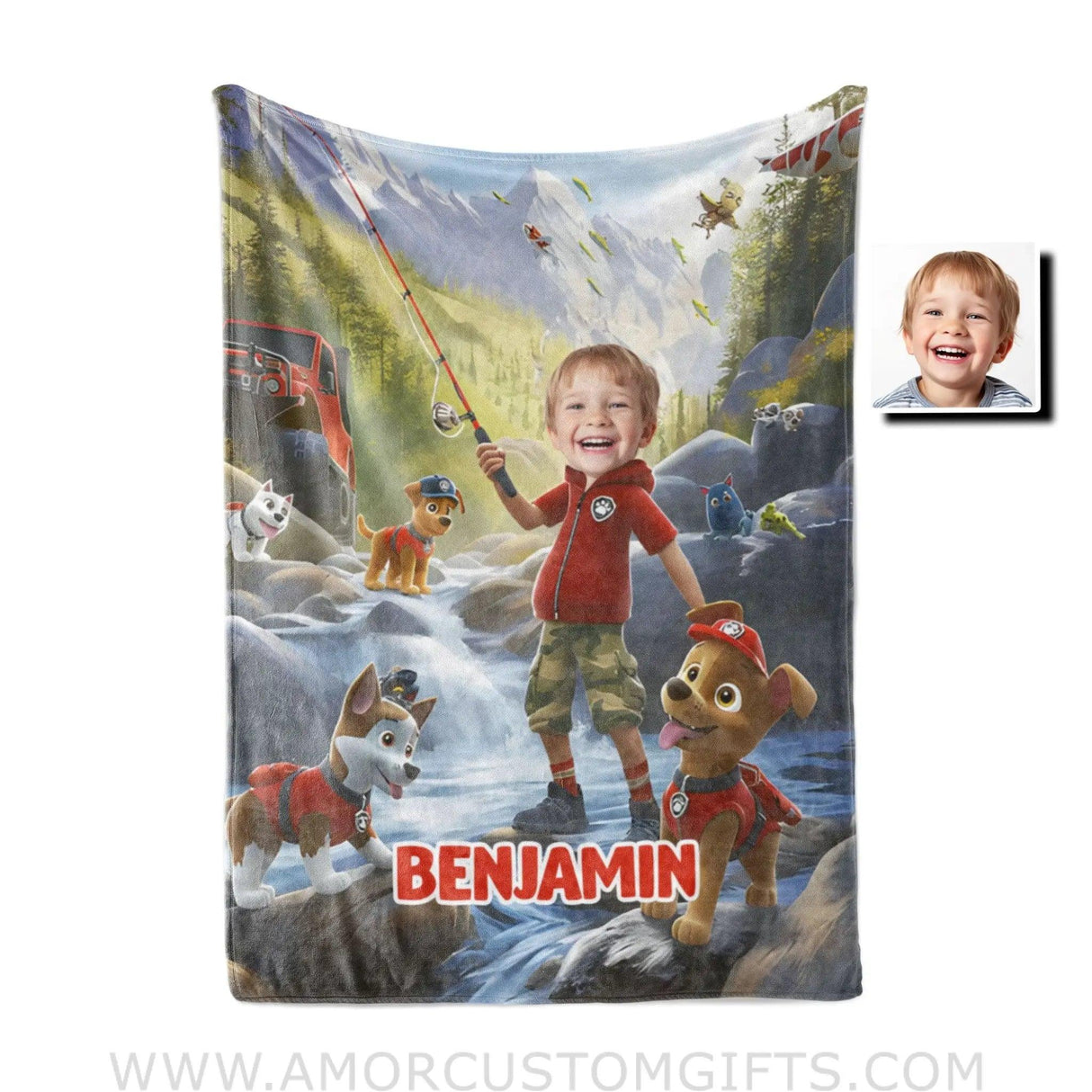 Blankets Personalized Dog Patrol Boy Puppies Adventures Fishing On Creek Photo Blanket