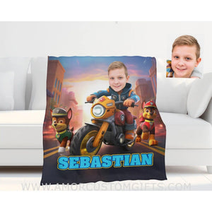 Blankets Personalized Dog Patrol Motorbike Blanket | Custom Face & Name Patrol Boy Blanket