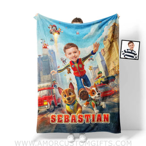 Blankets Personalized Dog Patrol Boy Running Police Car Blanket | Custom Name & Face Boy Blanket