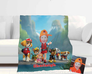 Blankets Personalized Dog Patrol Girl Fishing Photo Blanket | Custom Face & Name Blanket Paw Adventure Fishing Blanket For Girls