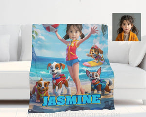 Blankets Personalized Dog Patrol Puppies Adventure Summer Beach Surfing Girl Blanket | Custom Name & Face Girl Blanket