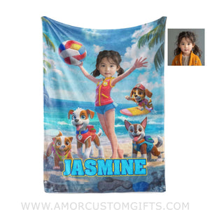 Blankets Personalized Dog Patrol Puppies Adventure Summer Beach Surfing Girl Blanket | Custom Name & Face Girl Blanket