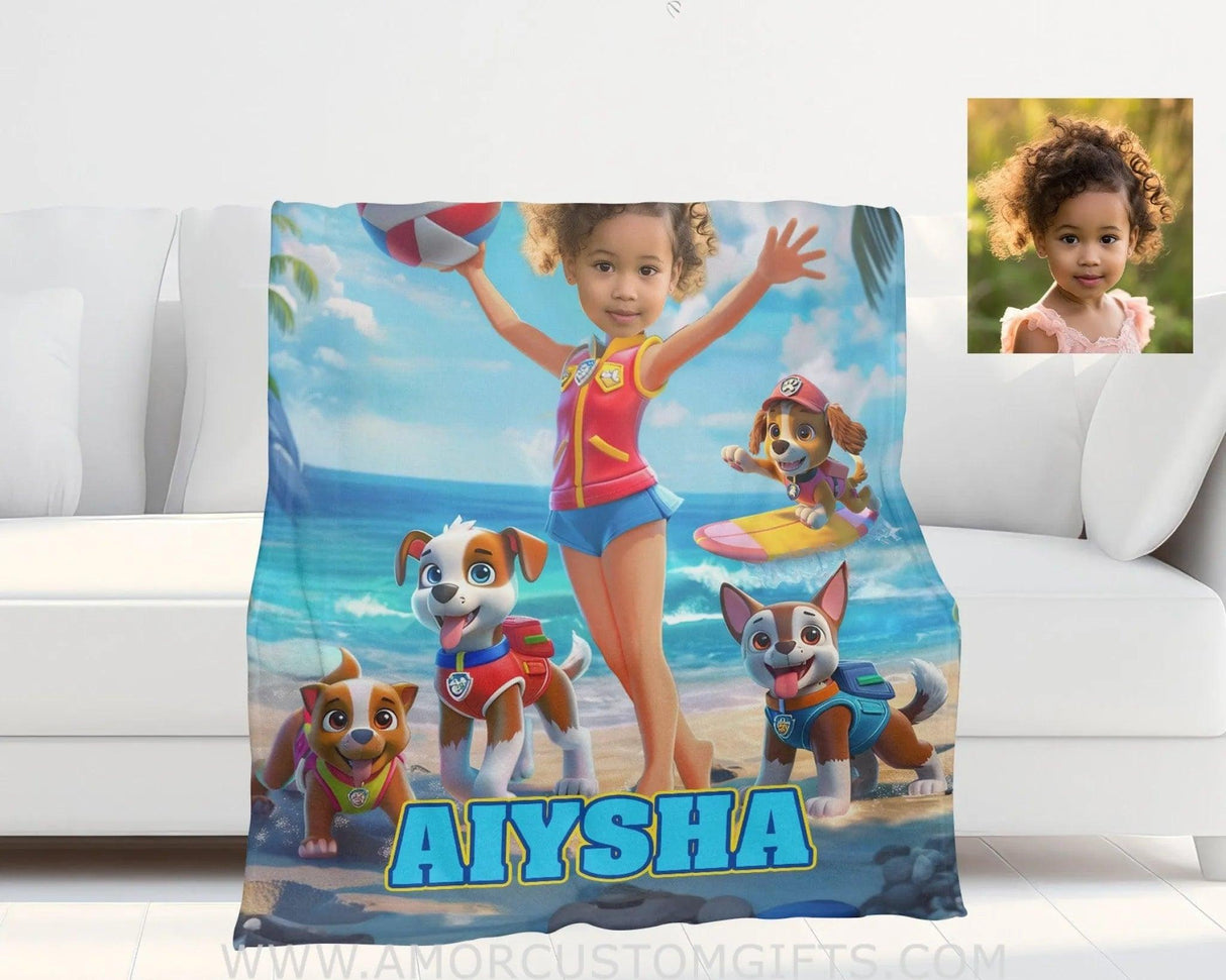 Blankets Personalized Dog Patrol Puppies Adventure Summer Beach Surfing Girl Blanket | Custom Name & Face Girl Blanket