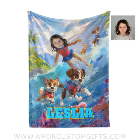 Blankets Personalized Dog Patrol 14 Puppies Adventure Summer Beach Surfing Girl Photo Blanket | Custom Name & Face Girl Blanket