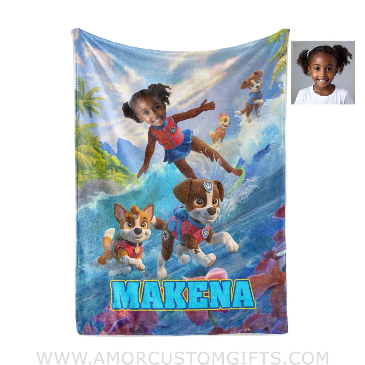 Blankets Personalized Dog Patrol 14 Puppies Adventure Summer Beach Surfing Girl Photo Blanket | Custom Name & Face Girl Blanket