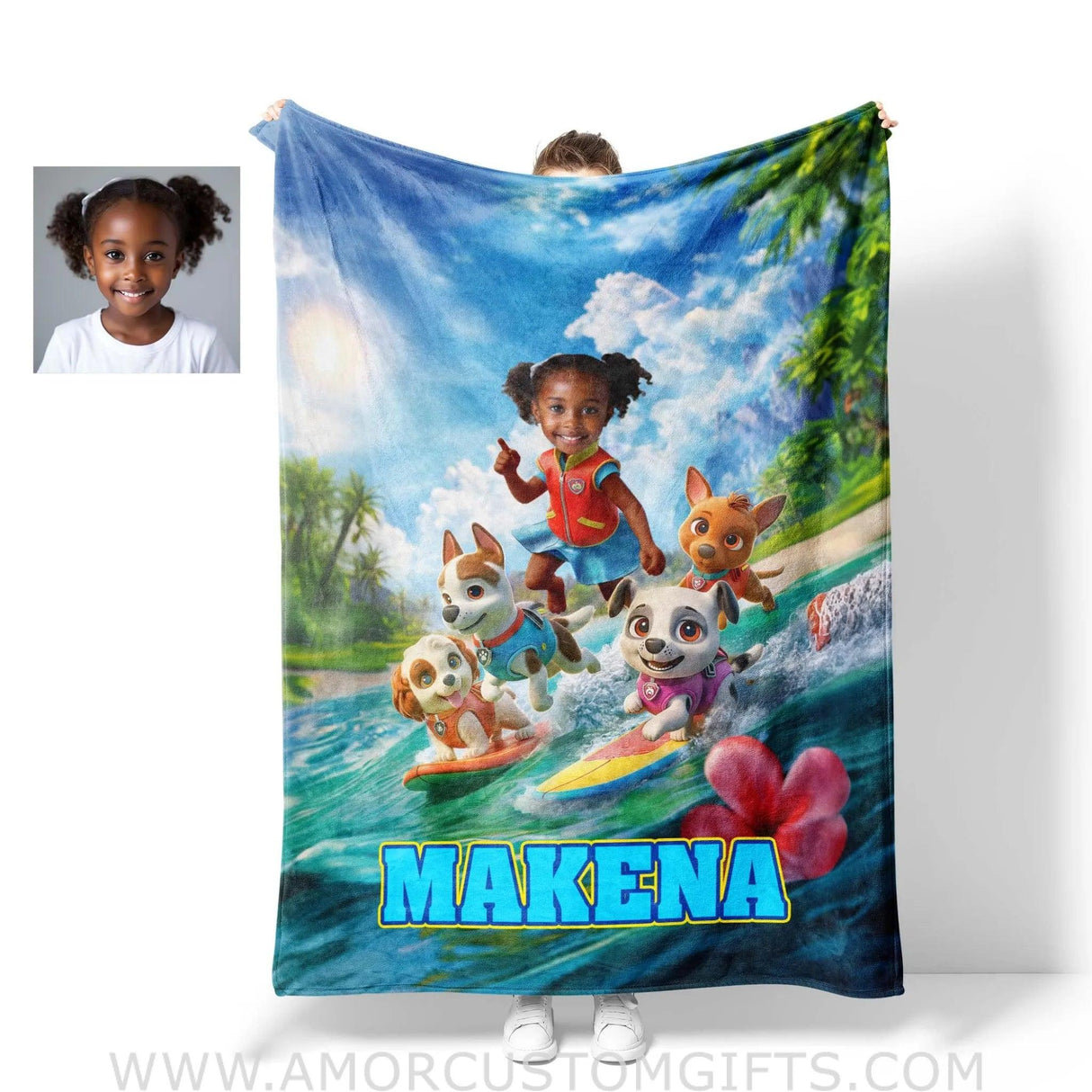 Blankets Personalized Dog Patrol Puppies Adventure Summer Beach Surfing Girl Photo Blanket | Custom Name & Face Girl Blanket