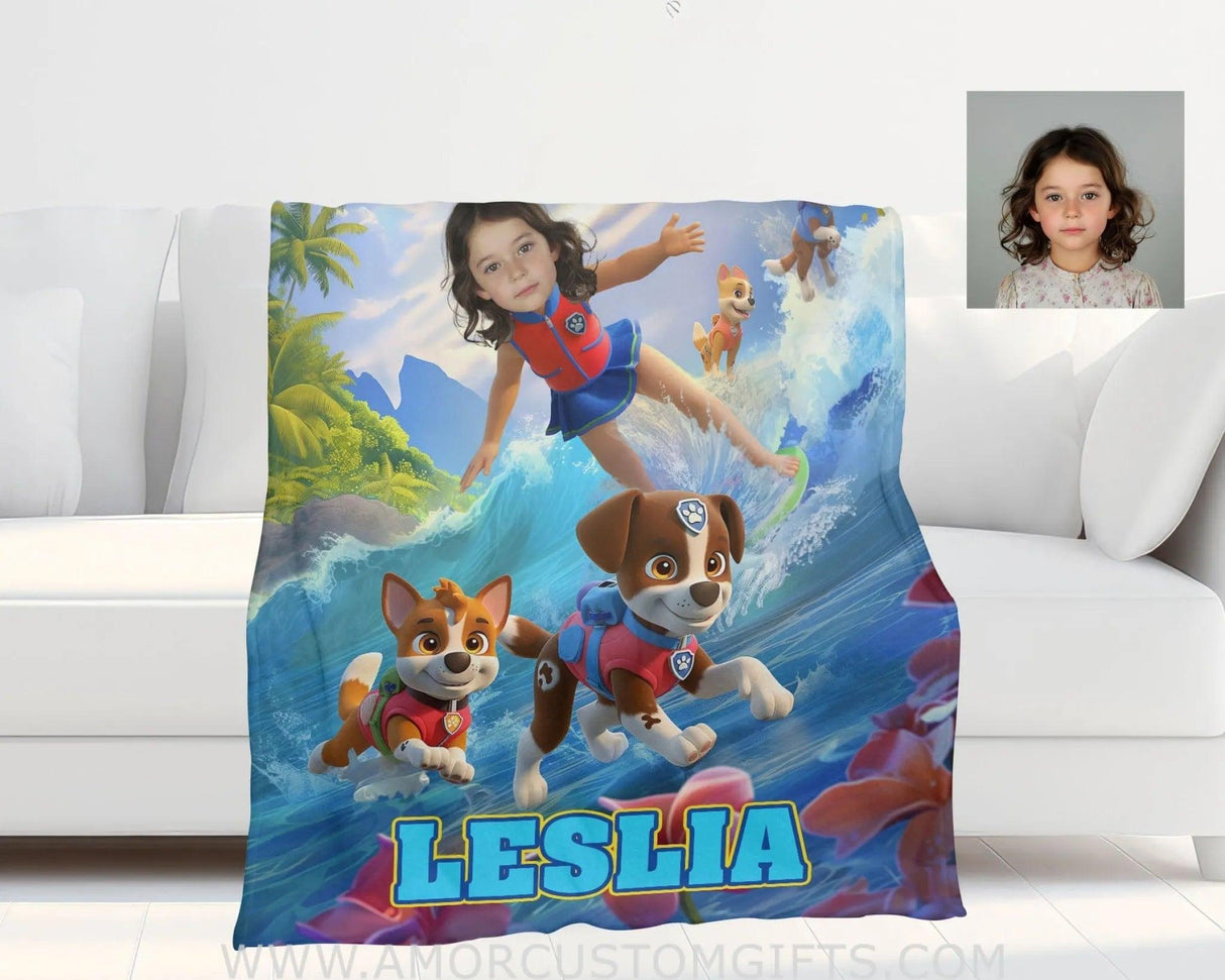 Blankets Personalized Dog Patrol 14 Puppies Adventure Summer Beach Surfing Girl Photo Blanket | Custom Name & Face Girl Blanket