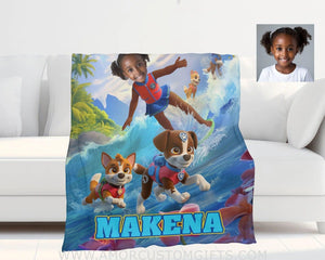 Blankets Personalized Dog Patrol 14 Puppies Adventure Summer Beach Surfing Girl Photo Blanket | Custom Name & Face Girl Blanket