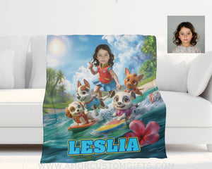 Blankets Personalized Dog Patrol Puppies Adventure Summer Beach Surfing Girl Photo Blanket | Custom Name & Face Girl Blanket