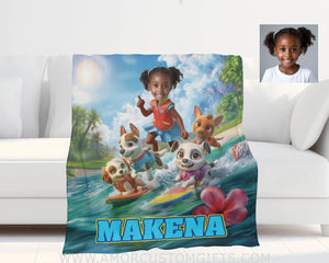 Blankets Personalized Dog Patrol Puppies Adventure Summer Beach Surfing Girl Photo Blanket | Custom Name & Face Girl Blanket