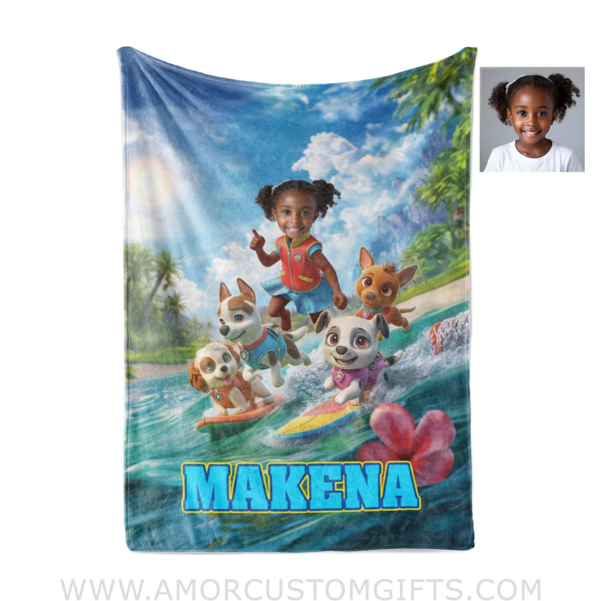 Blankets Personalized Dog Patrol Puppies Adventure Summer Beach Surfing Girl Photo Blanket | Custom Name & Face Girl Blanket