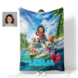 Blankets Personalized Dog Patrol Puppies Adventure Summer Beach Surfing Girl Photo Blanket | Custom Name & Face Girl Blanket