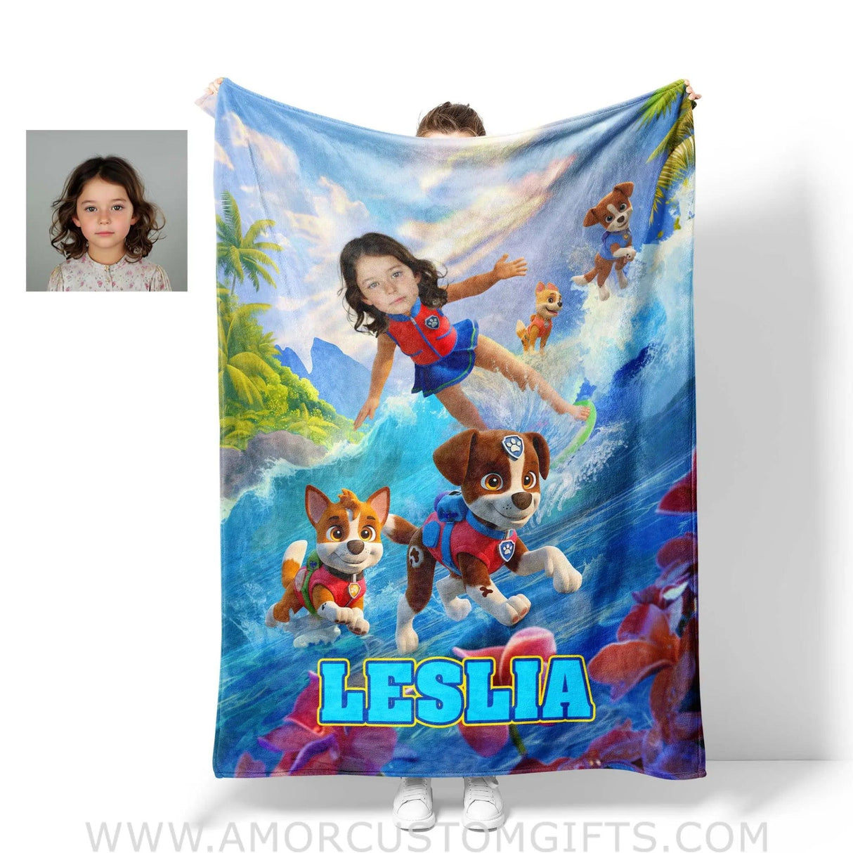 Blankets Personalized Dog Patrol 14 Puppies Adventure Summer Beach Surfing Girl Photo Blanket | Custom Name & Face Girl Blanket