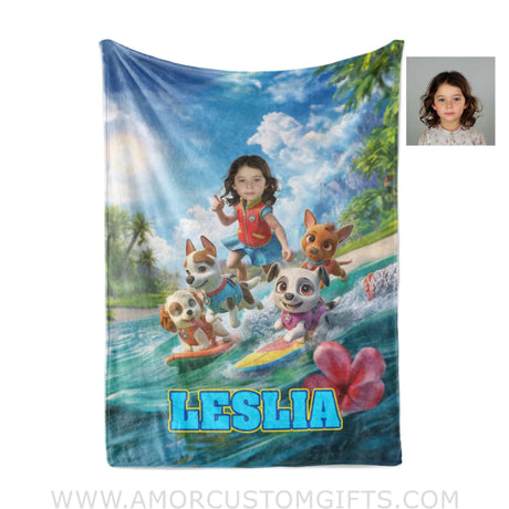 Blankets Personalized Dog Patrol Puppies Adventure Summer Beach Surfing Girl Photo Blanket | Custom Name & Face Girl Blanket